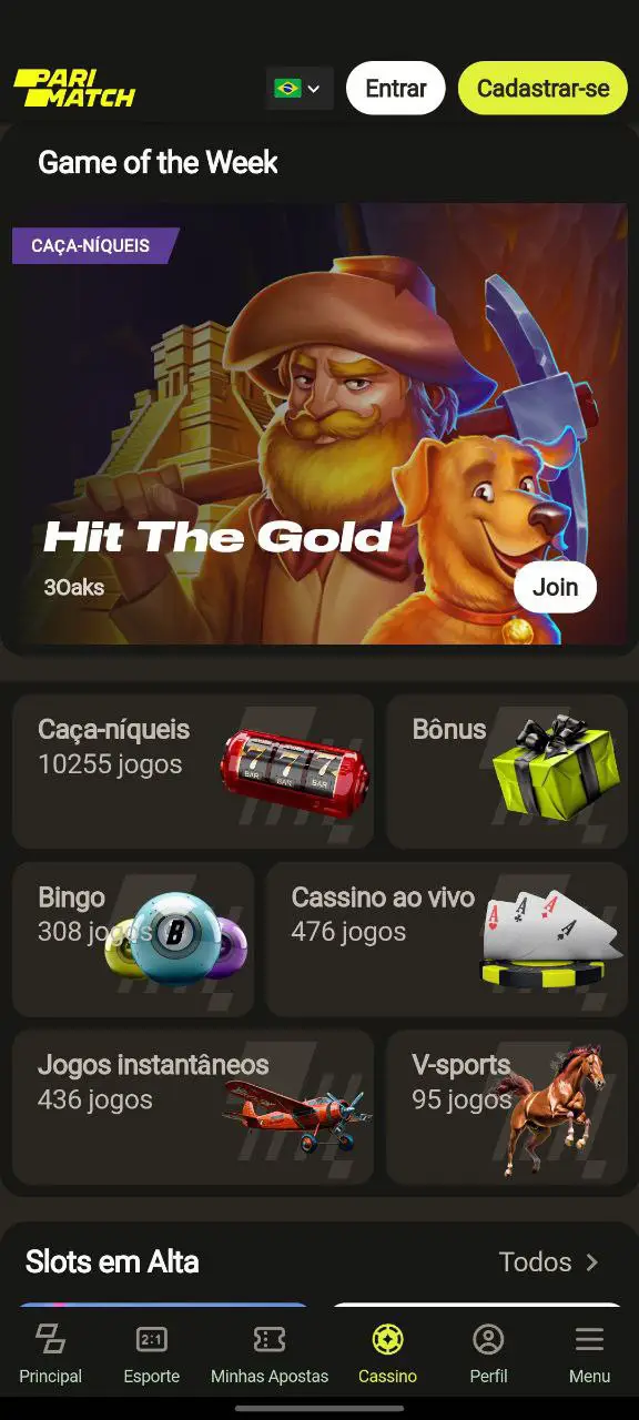 Captura de tela da página do cassino do aplicativo móvel.