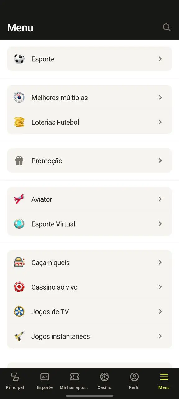 Captura de tela da página do menu do aplicativo móvel.