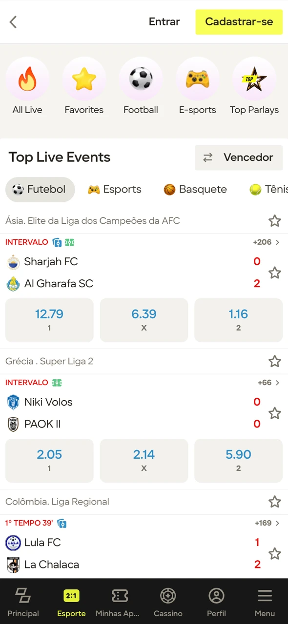 Captura de tela da página com apostas esportivas.