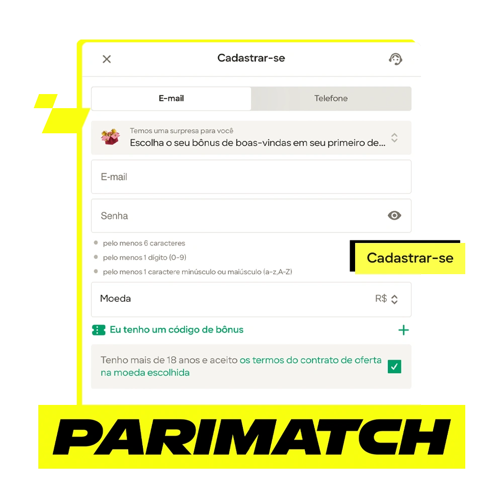 Imagem mostrando Parimatch registro em dois cliques.