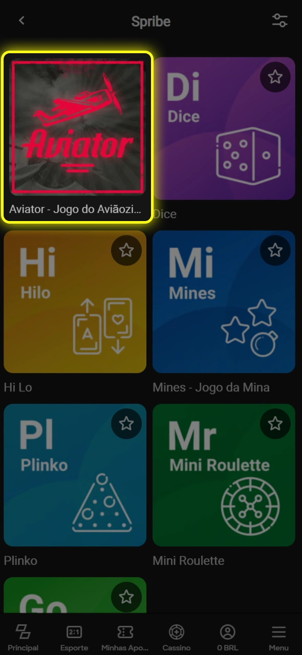 Localize e pressione o botão Spribe Aviator.
