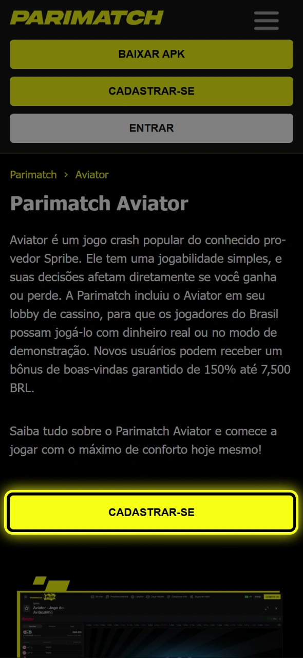 Crie uma conta no site da Parimatch.