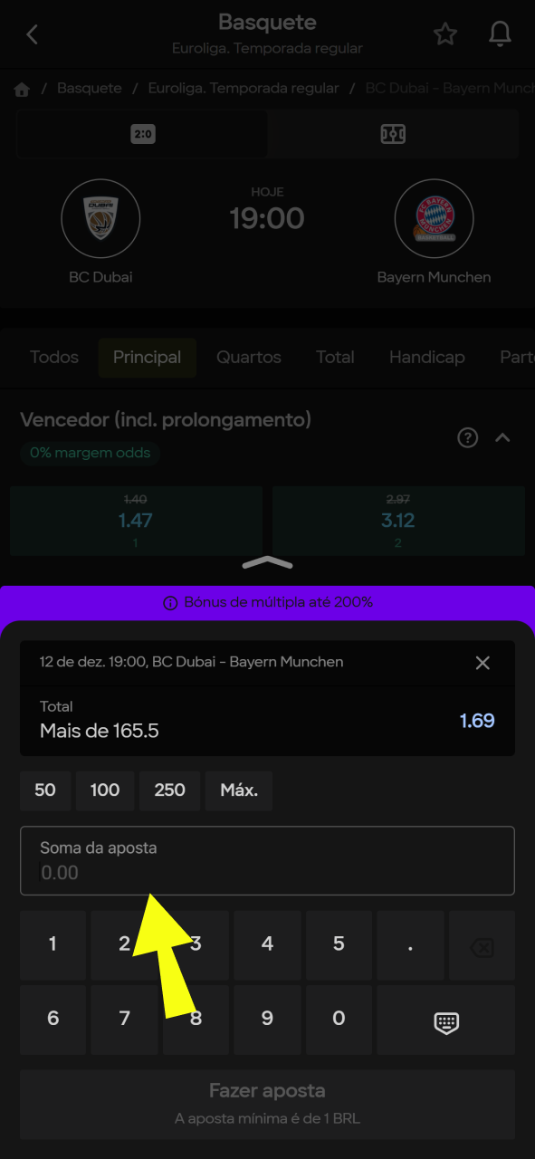 Insira o valor da sua aposta de basquete na Parimatch.