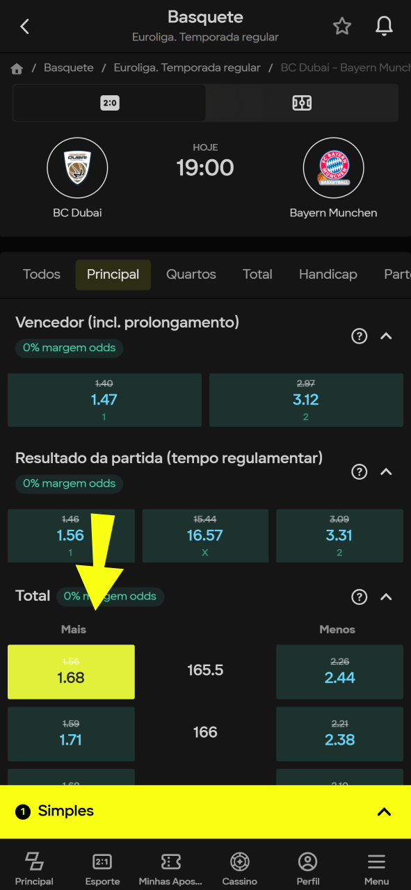 Clique na cotação do jogo de basquete para apostar na Parimatch.