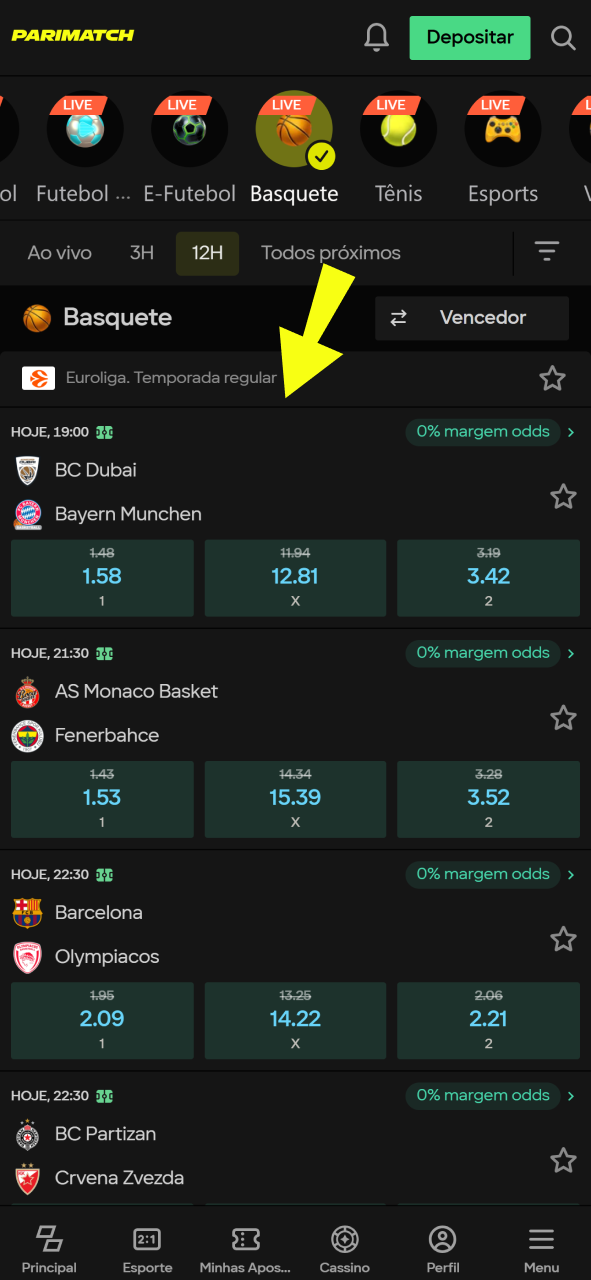 Selecione a partida de basquete na qual deseja apostar na Parimatch.