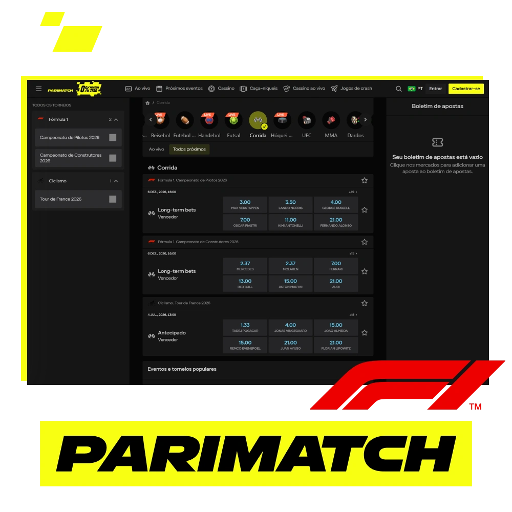 Acompanhe as corridas de Fórmula 1 em todo o mundo com a Parimatch.